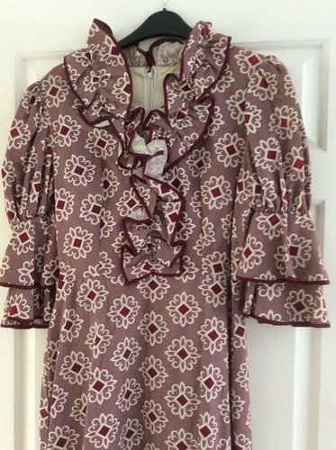 True Vintage 60s Burgundy White Tiered Sleeve Boho Cocktail Maxi Dress UK 10 - Picture 2 of 10