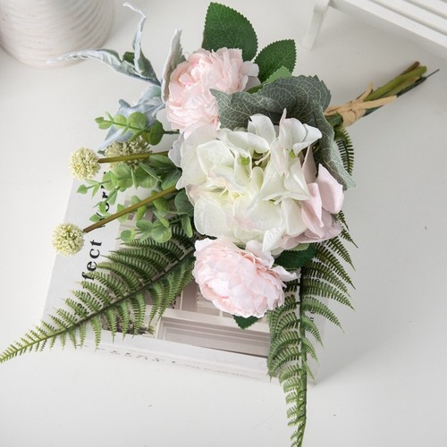 Artificial Peony, Hydrangea, Silver Leaf Chrysanthemum Bouquet Arrangement - Picture 3 of 4