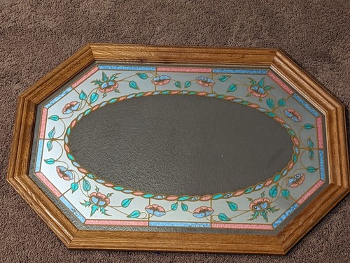 Vintage octagon etched rope oval mirror, color glass, real wood framed blue &... - Picture 1 of 10
