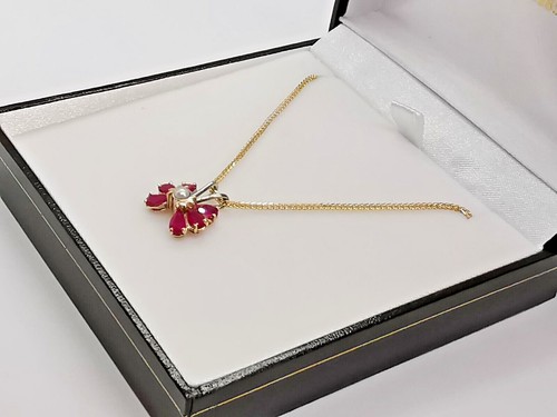 9 kt 375 RUBIN & PERLE ANHÄNGER c/w GELBGOLD HALSKETTE 16,25" feine Weizenkette - Bild 4 von 12