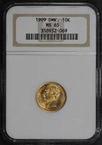 1909 Denmark Gold 10 Kroner NGC MS-65