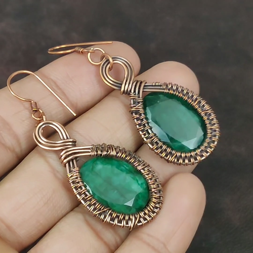 Faceted Zambian Emrald Copper Jewelry Wire Wrapped Drop/Dangle Earrings 2.56" - Video 1 of 1