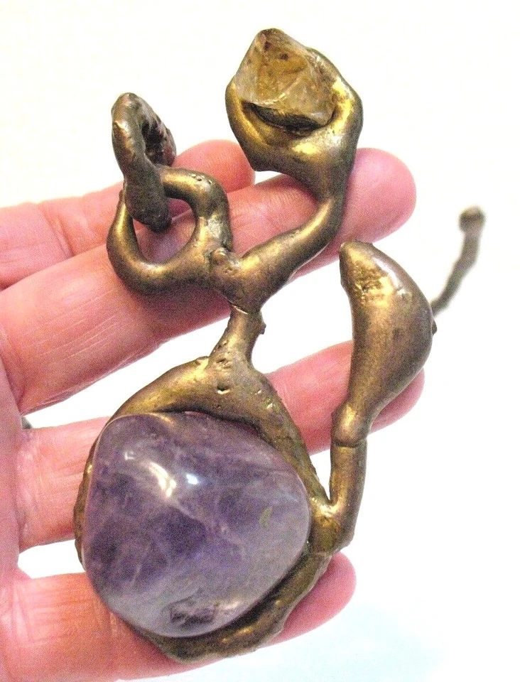 COLLAR ARTESANAL FORMA LIBRE BRONCE METAL AMATISTA CUARZO RUTILADO Foto 2 de 3