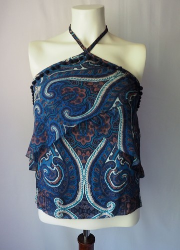 Intermix 100% Silk Penelope Halter Top Paisley Layered Pom Pom Blue S $245