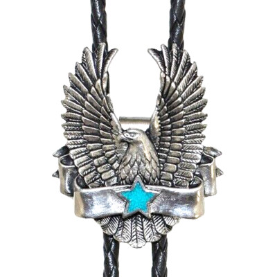 Eagle Bolo Tie Turquoise Star Detailed Tips Adjustable 38'' Cord USA Made