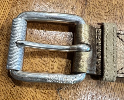 Michael Kors CAM Wide Belt w/Thick Silver Buckle L / 36 Beige Suede Gold unisex - Picture 2 of 4