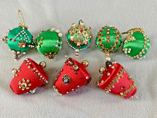 Lot of 8 Vintage Christmas Beaded Push Pin Ornaments Handmade Mixed Balls Bells