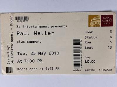 Paul Weller concert Ticket Original Royal Albert Hall Tuesday 1st June 2010