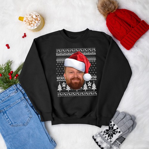 Personalised Funny Face Santa Hat Sweatshirt Christmas Kids Custom Fairisle N... - Picture 3 of 12