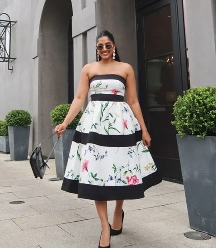White House Black Market Womens 4 Strapless White Floral Contrast Fit & Flare