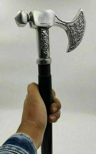 Silver Finish Metal Axe Head Handle Wooden Walking cane Victorian Axe Head Handl - Picture 2 of 5