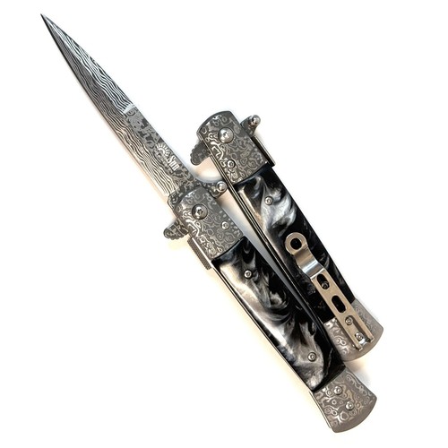 9" Milano Damascus Like Spring Assisted Open marble black Folding Pocket Knife - Picture 3 of 6