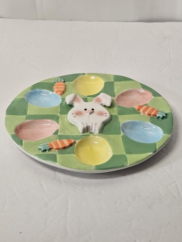 Osterhase 7 Karotten Eierteller hält 6 Eier 7" rund bunt Keramik Ostern - Bild 2 von 6