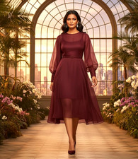 Women's Organza Sheer Fit  Flare Midi Formal Wedding Guest Evening Party Outfit