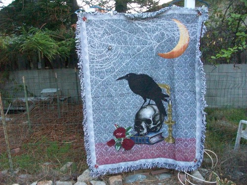 Victorian Trading Co blanket throw tapestry Halloween Poe Raven Skull Roses NWOT - Imagen 2 de 23