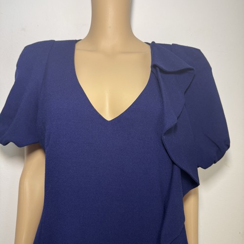 French Connection Sz 16 Work Dress Navy Blue Wool-Mix Short Sleeve Shift Office - Picture 11 of 16