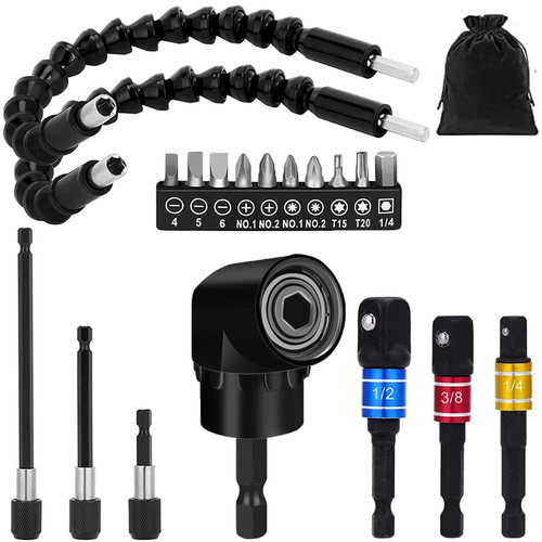 Flexible Drill Bit Extension Set 19pcs, Hex Shank 105°Right Angle Drill Bit A...