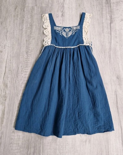 Louise Misha Paris Celia Dress Blue Ruffle Embroide Linen  Blend ( 55%) size 10