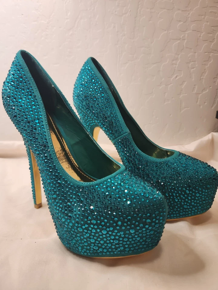 Tacones de aguja de noche para mujer pedrería graduación formal boda verde mar talla 8 Foto 2 de 4