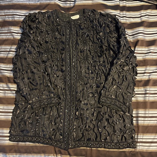 Tan Chho Jacket Black Silk Beaded Sequin Open Front Long Sleeve See Measurements - Picture 1 of 24