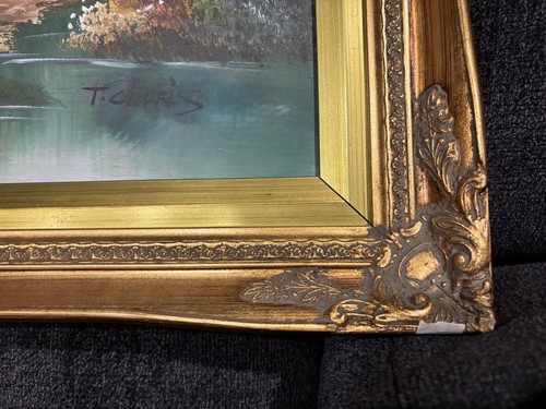 "Pintura al óleo vintage de paisaje de cabaña marco dorado firmada por T. Curtis 29X25""" - Imagen 15 de 19