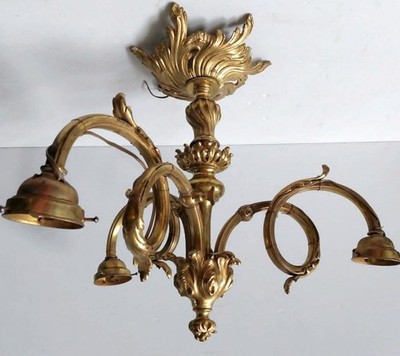 Bronze Lustre Fixture 3 Arm Branches Tulips Gilt Art Nouveau Louis XV Bayonet