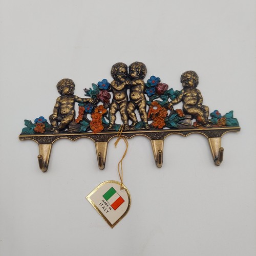New Vtg Brass Cherubs Colored Flowers Key Holder Wall Mount 4 Hook Hanger Italy - Picture 1 of 7