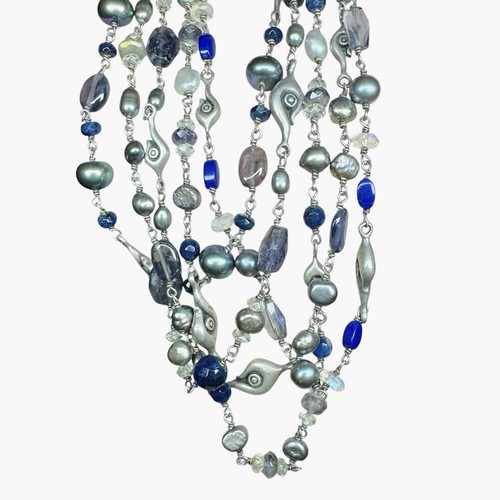 Vtg 5 Strand Sterling Silver Genuine Gray Teal Pearls Labradorite Lapis Lazuli - Picture 14 of 18