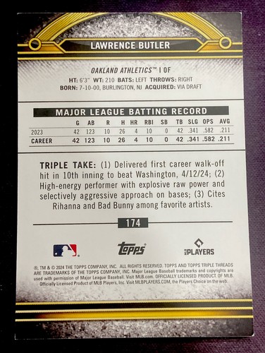 2024 Topps Triple Threads LAWRENCE BUTLER RC WOOD #d 1/1 Rookie Card A's - Foto 2 di 2
