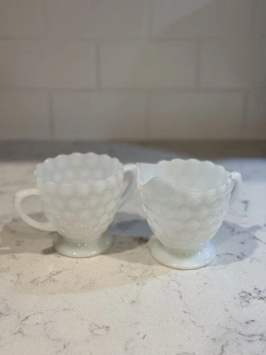 Vintage Anchor Hocking Hobnail Milk Glass Creamer and Open Sugar Bowl Set