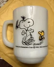 Vintage Snoopy & Woodstock Pure Joy! Mug Fire King 1965 Milk Glass Fire King USA
