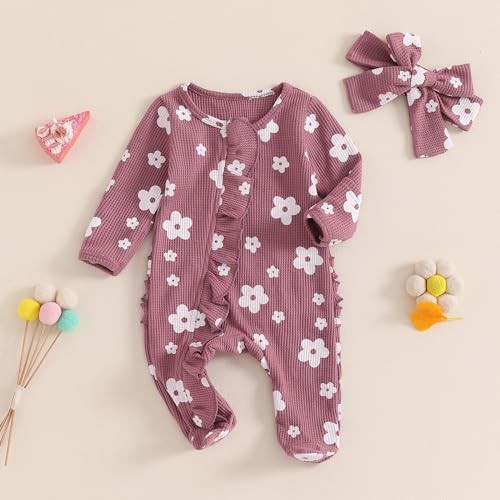 Baby Girl Outfits Coming Home Outfit Floral Waffle Footies Newborn Purple - Picture 2 of 7