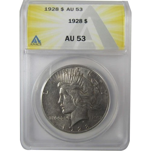1928 Peace Silver Dollar AU 53 ANACS $1 Coin SKU:I24477
