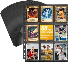 60 Pack 1080 Pockets Black Trading Card Sleeves Binder Sheets, Double Sided