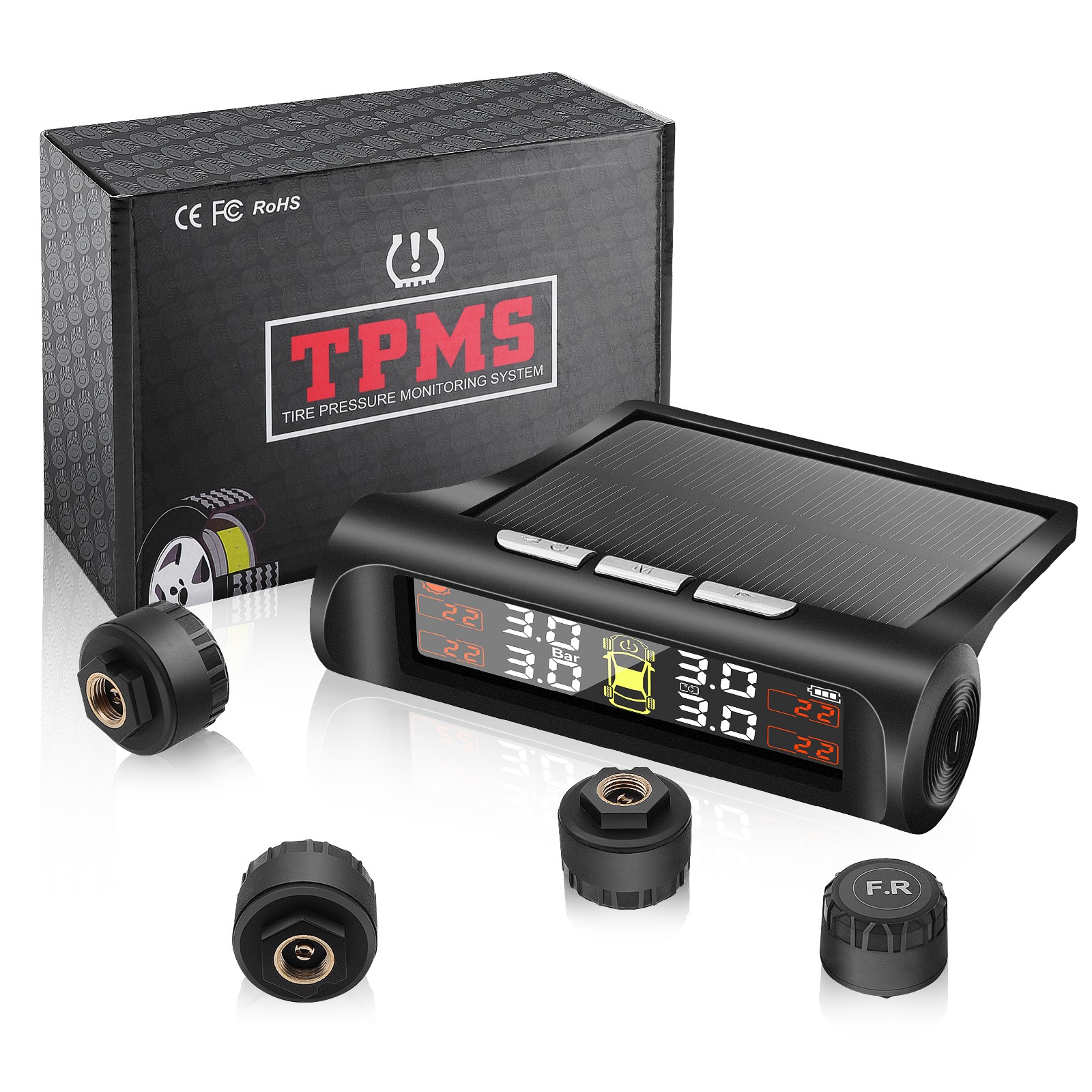 Wireless Car Tire Pressure Monitoring System Solar TPMS Tyre +4 External Sensor