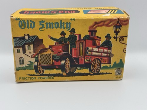 1950s Japan Cragstan Tin Friction Powered Old Smoky Firetruck W/ Original Box