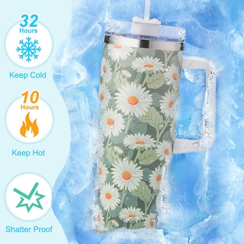 40 oz Tumbler with Handle and Straw, Daisy Insulated Travel Mug Iced Coffee C... - Picture 2 of 7