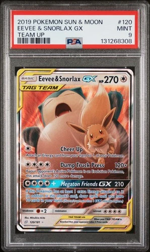 2019 POKEMON SUN & MOON TEAM UP #120 EEVEE & SNORLAX GX PSA 9