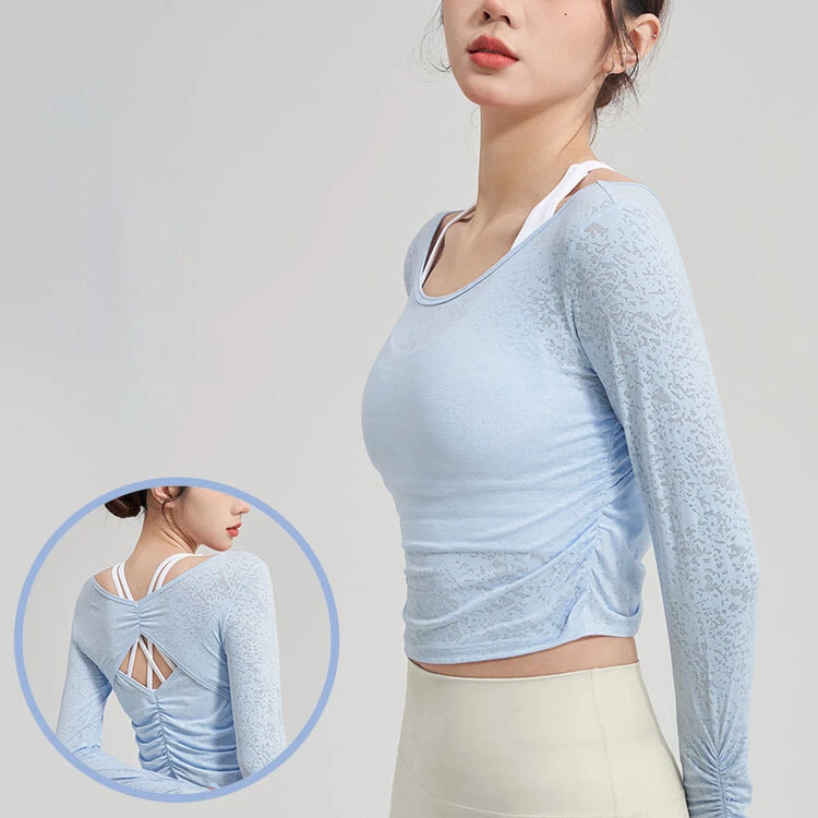 Camiseta de manga larga de yoga para mujer con capucha ahuecada de Pilates Foto 3 de 4