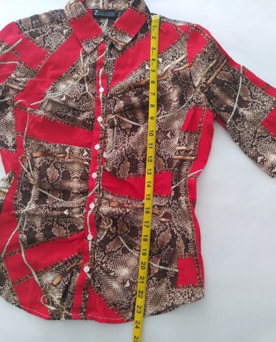 7th Avenue Button Up Top Women SZ M 3/4 Sleeves Red Brown Animal Print Ruching - Picture 9 of 9