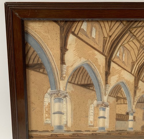 VINTAGE FRAMED ORIGINAL WATER COLOUR PAINTING CHURCH INTERIOR ALTAR RELIGIOUS - Picture 4 of 24