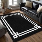 Black Geometric Framed Area Rug-White Double Border Mat-Elegant Livingroom Carpe