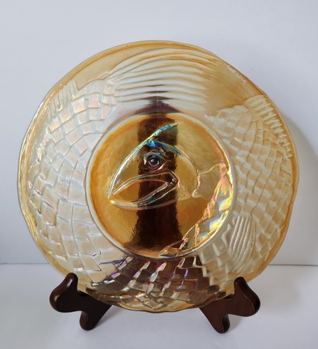 Rare JOHN COOK koi fish Plate IRIDESCENT ART Carnival 8" GLASS Gold Signed 2009 - Picture 6 of 11