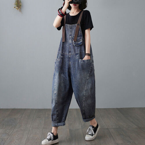 Trendy Denim Träger Locker Mode Einfarbig Slim Look Jumpsuit Jeans Damen