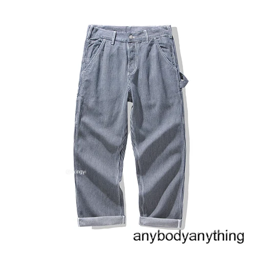 Men Primary Denim Jeans Railroad Stripe Worker Pants Straight Leg Cargo Trousers - Picture 4 of 26