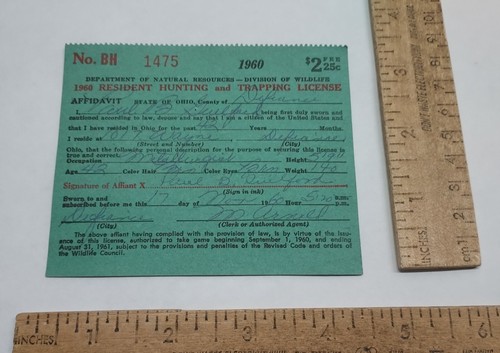 1960 OHIO RESIDENT - HUNTING and TRAPPING LICENSE - listing #7118 - Picture 4 of 6