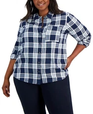 Style & Co Plus Size Plaid Perfect Shirt,  - Industrial Blue SZ 1X