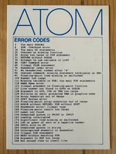 ACORN ATOM CHARACTER CODES / ERROR CODES CARD VINTAGE BBC MICRO MASTER ELECTRON