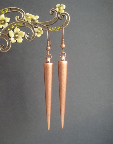 Antique Red Copper Spike Long Dangly Drop Earrings - Vintage Steampunk Goth Rock - Picture 2 of 5