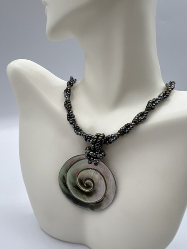 Carved Abalone Pendant, Two Strand Glass Bead Necklace, 18” - Picture 2 of 6
